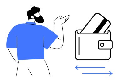 Cüzdanında kredi kartı tutan bir adam. Yanında da para akışını gösteren oklar var. Çevrimiçi ödemeler, e-ticaret, dijital cüzdanlar, mali işlemler, bankacılık, kişisel işlemler için ideal