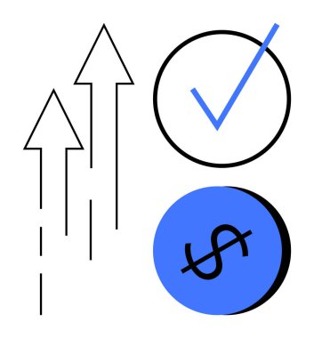 Kesik çizgilerle işaretlenmiş oklar, çemberde işaretler, ve mavi çemberde bir dolar işareti. İlerleme, başarı, büyüme, onay ve finans hedefleri için ideal. Minimalist soyut çizgi