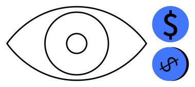 Merkezinde bir dolar ve mavi dairelerdeki sent sembollerinin yanında eşmerkezli daireler olan büyük bir göz. Finans, vizyon, yatırım, iş stratejisi, karlılık bilinci, öngörü için idealdir. Bir