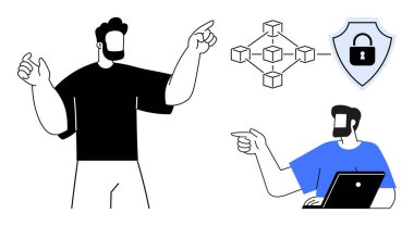 İki kişi bir engelleme ağı şemasını ve kilit ikonlu güvenlik kalkanını işaret ediyor. Takım çalışması, teknoloji, engelleme zinciri, güvenlik, bilişim tartışmaları, siber güvenlik ve yenilik için ideal. Soyut