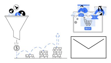Kullanıcıların madeni paralara, yükselen para yığınlarına çevrimiçi alışveriş pencerelerine, e-posta zarfı simgesine dönüşmesi. Pazarlama, satış, e-ticaret, analitik, tüketici davranışı dijital finansman için ideal