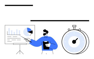 Adam pano tutarken ekranda çizelgeleri sunuyor, kronometre aciliyeti gösteriyor. İş stratejisi, analitik, zaman izleme, proje yönetimi, verimlilik, süreler, soyut çizgi için ideal