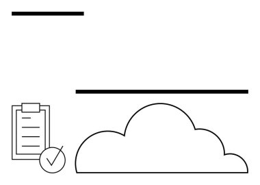 Bulut şekli, kontrol listesi panosu üzerinde tik ve yatay çizgiler var. Üretkenlik, görev yönetimi, bulut depolama, dijital planlama, organizasyon, iş akışı soyut çizgisi düz metaforu için ideal