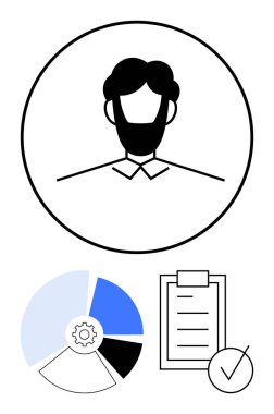 Çemberin içindeki bir insanın minimalist tasarımı, teçhizatlı bir pasta grafiği ve işaretli bir kontrol listesi. İş akışı, profil kurulumu, veri yönetimi, analizler, değerlendirme, proje için ideal
