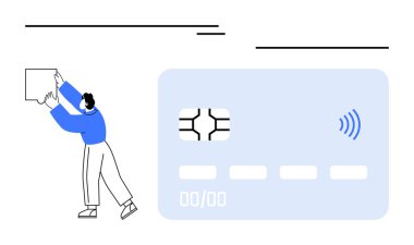 Büyük boy mavi kredi kartının yanında çipli ve ulaşılamaz sinyali olan kişi. Ödemeler için ideal, dijital bankacılık, alışveriş, e-ticaret, fintech, yenilik, soyut çizgi düz metafor