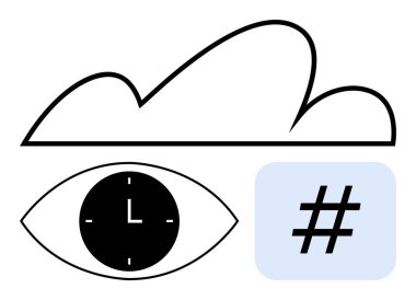Bulut şekli, saat yüzlü göz öğrenci ve mavi karede meta veri sembolü. Teknoloji eğilimleri, sosyal medya, zaman yönetimi, çevrimiçi işbirliği, gelecekteki vizyon, soyut dijital araçlar için ideal