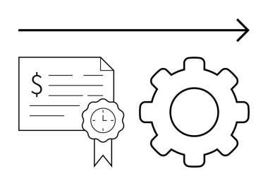 Finansal sertifikada dolar işareti ve saat şeridi var. Sağ okun altında büyük bir dişlinin yanında. Finans, sertifika, verimlilik, üretkenlik, ilerleme, süreç ve iş için ideal