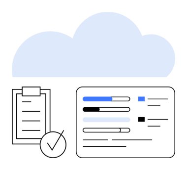 Panonun üstündeki mavi bulut, kontrol listesi sembolü ve ilerleme çubukları olan veri paneli. Görev yönetimi, bulut hesaplama, veri analizi, üretkenlik, organizasyon, iş akışı araçları için ideal