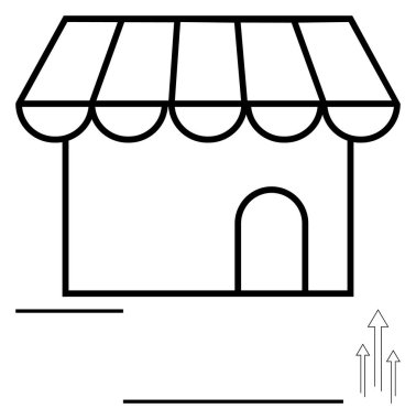 Basit bir dükkan, kemerli bir kapı ve çizgili bir tente, büyümeyi gösteren oklarla eşleştirilmiş. Girişimcilik, perakende sektörü, pazarlama, girişimcilik, satış büyümesi, ekonomi, soyut düz çizgi