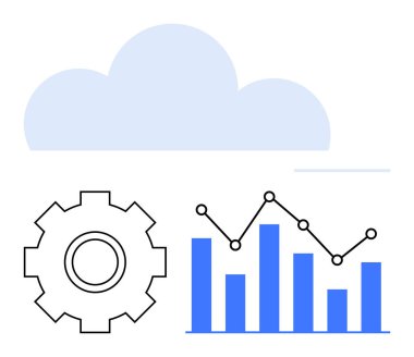 Dişlileri sembolize eden işlemler bir çubuk grafiğe ve bulut altında bağlı veri noktalarına katılarak bulut hesaplamasını, veri analizini, verimliliği, büyümeyi ve teknolojiyi temsil eder. IT ve iş için ideal