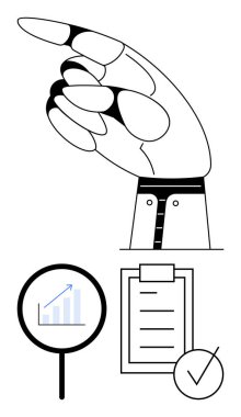 Yükselen grafik, kontrol listesi panosu ve işaretli büyüteç üzerinde robot el hareketi. Teknoloji, yapay zeka, robot bilimi, araştırma, analiz, üretkenlik yeniliği, soyut çizgi için ideal