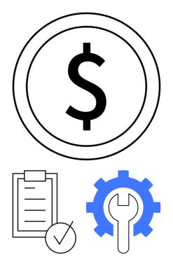 Çemberde büyük dolar işareti, işaretli kontrol listesi, ingiliz anahtarı teçhizatı. Mali planlama, bütçe araçları, görev tamamlama, üretkenlik, süreç optimizasyonu, iş stratejisi için ideal