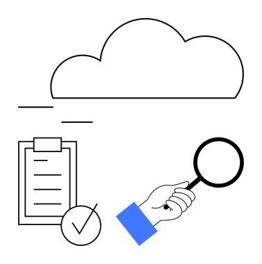 Kontrol listesinin üstünde bulut ve minimalist düz bir şekilde büyüteç var. Görev yönetimi, veri analizi, bulut hesaplama, verimlilik, denetim, organizasyon, soyut düz metafor için ideal