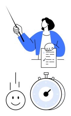 Elinde kontrol listesi, işaretçi, kronometre ve gülen surat olan bir kadın. Üretkenlik, organizasyon, zaman yönetimi, planlama, başarı çalışma akışı için ideal. Soyut çizgi düz metafor