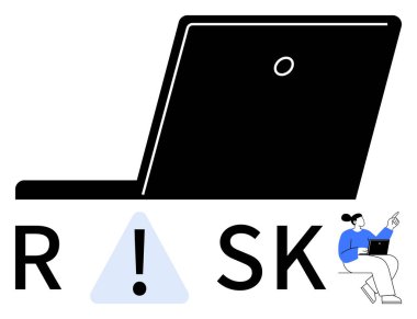 R ve S harfleri arasında üçgen ünlem işareti olan büyük siyah dizüstü bilgisayar RISK 'i oluşturuyor. Mavili adam dizüstü bilgisayarını göstererek oturuyor. Siber güvenlik, finans, sağlık, yönetim için ideal