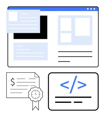 Bilgisayar ekranında kod etiketli web sitesi düzeni, saat simgesi olan sertifika belgesi ve finansal kağıt var. Web geliştirme, kodlama, eğitim, sertifika, finans, tasarım için ideal
