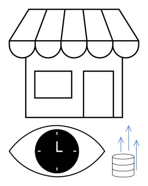 Saatin içinde olduğu mağaza önü verimliliği gösteriyor, oklu veri yığını büyümeyi ve analitiği simgeliyor. Perakende, üretkenlik, analitik, zaman, büyüme, iş, soyut çizgi için ideal
