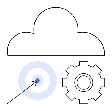 Hedef sembolün üzerinde ok ve dişli tekerlek olan bir bulut simgesi. Bulut hesaplama, otomasyon, kesinlik, yenilik, strateji, bilişim sistemleri, takım çalışması için ideal. Soyut çizgi düz metafor