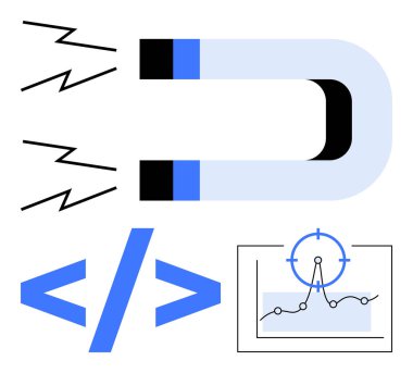 Enerji hatlarına sahip at nalı mıknatısı, kodlama parantezleri, ve hedef odaklı bir grafikle vurgu teknolojisi, veri analizi, kodlama ve dijital pazarlama. Teknoloji, strateji ve analitik için ideal