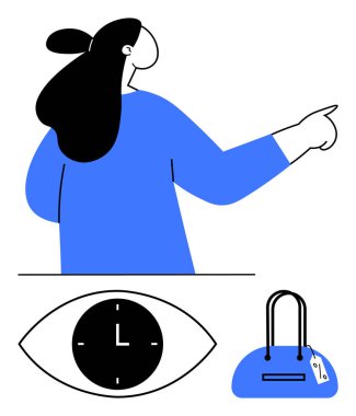 Kadın ileri doğru hareket eder, göz içindeki saat zamana odaklanmayı gösterir, mavi alışveriş torbası planlama ve öncelikleri yansıtır. Zaman yönetimi, çoklu görev, karar verme, alışveriş, üretkenlik için ideal