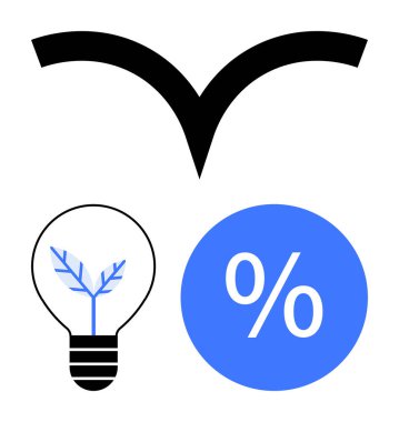 Siyah büyüme oku, içinde bitki olan ampul ve mavi yüzde işareti. Sürdürülebilirlik, yenilik, büyüme, verimlilik, tasarruf finansal planlama enerji koruma temaları için idealdir. Soyut