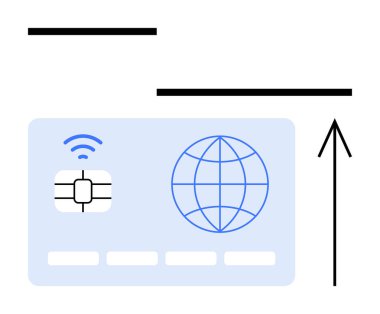 Üzerinde çip ve dünya ikonu olan temassız ödeme kartı. Dijital ödemeler, küresel işlemler, e-ticaret, fintech, finans teknolojisi, online alışveriş, güvenli ödemeler için ideal. Satır metaforu
