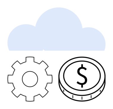 Teçhizat ve doların arkasındaki mavi bulut teknoloji, finans ve yenilik sinerjisini gösteriyor. Bulut hesaplama, veri yönetimi, iş büyümesi, teknoloji entegrasyonu ve ekonomik eğilimler için ideal