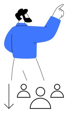 Profesyonel bir iş adamı, dört kişilik bir gruba öncülük eden bir okla yukarı doğru işaret ediyor. Liderlik, yönetim, takım çalışması, karar verme, motivasyon, akıl hocalığı, soyut çizgi için ideal