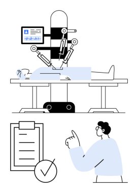 Doktor ilerlemeyi izlerken robotik kollar bir hastayı ameliyat eder. Kontrol işaretli tıbbi kontrol listesi de dahil. Sağlık hizmetleri yeniliği için ideal, geleceğin teknolojisi, hassasiyeti, cerrahi