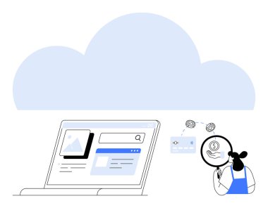 Elinde büyüteç tutan kişi dizüstü bilgisayardaki verileri inceliyor. Laptop arama çubuğu, resim ve dosyaları gösterir. Veri analizi, çevrimiçi arama, bulut depolama, araştırma teknolojisi dosyası için ideal
