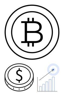 Bitcoin ve dolar sikkeleri bir hedefi vurarak finansal çubuk grafiğiyle sergileniyor. Kripto para birimi, finans, yatırım, veri analizi, dijital ödeme, başarı stratejisi, soyut çizgi düz için ideal