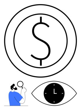 Bir madeni paranın içinde büyük dolar işareti, bir gözün içinde saat, ve mavi elbiseli adam fikirler düşünüyor. Finans, karar verme, zaman yönetimi, üretkenlik, vizyon, yatırım soyut çizgisi için ideal