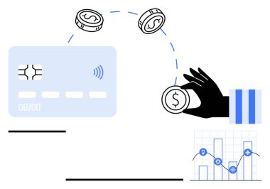 Kredi kartı, bozuk paralar, analitik grafik. Finans, bütçe, bankacılık, e-ticaret, fintech yatırım veri kavramları için idealdir. Temiz soyut çizgi düz metafor