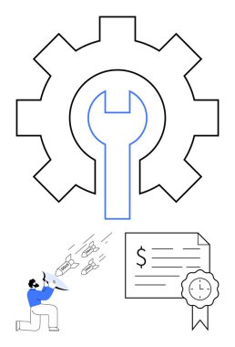 İngiliz anahtarlı vites, teknik destek veren iş adamlarının başarı ya da sözleşme için zorluk sertifikalarını çözdüğünü gösteriyor. İş stratejisi, teknik yardım, sorun çözme, başarı ve yenilik için ideal