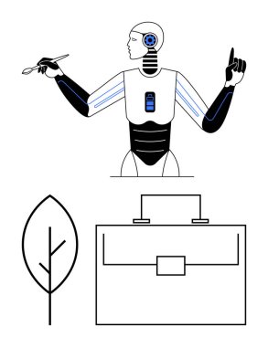 Humanoid robot interacting with tools, briefcase symbolizing work, and leaf representing sustainability. Ideal for AI, workspace efficiency, green tech, robotics, future trends, eco-tech abstract clipart