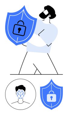 Kilitli kalkan taşıyan bir adam, şebeke desenli dairesel yüz tanıma simgesi. Veri koruması, siber güvenlik, biyometreler, gizlilik, çevrimiçi güvenlik, şifreleme, soyut çizgi düz