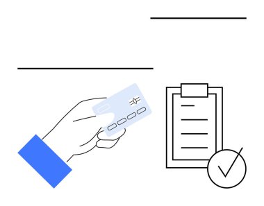 Kredi kartını panonun yanında kontrol işaretli olarak tutuyor. Ödemeler, finansal hizmetler, işlemler, onaylar, e-ticaret, dijital cüzdanlar ve faturalar için ideal. Soyut çizgi düz metafor