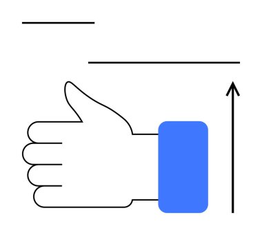 Baş parmağıyla el hareketi mavi bilekliği işaret etti. Oklar başarı artışını, başarıyı, başarıyı, teşvikleri, ilerlemeyi gösteriyor. Başarı, motivasyon, dijital trendler için ideal