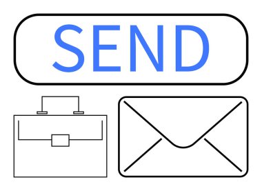 Gönder düğmesi, bir zarf ve evrak çantası ikonu. İş yazışmaları, e-posta alışverişi, işyeri verimliliği, dijital iletişim, profesyonel iş akışı, takım çalışması ve mesajlaşma sistemleri için ideal