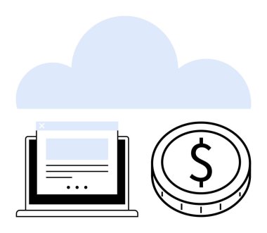 Dizüstü bilgisayarda sergilenen belge, yukarıdaki bulut sembolü ve dolar sikkesi çevrimiçi teknoloji, dijital finans ve ekonomik yönetimi vurguluyor. Fintech, Tasarruf, İşlemler, SaaS bulut deposu için ideal