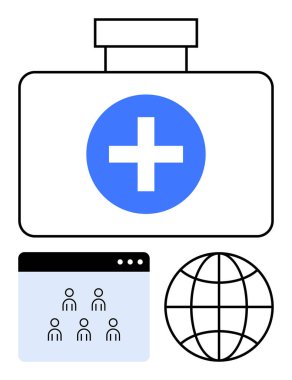 Tıbbi haçlı ilk yardım çantası, kullanıcı simgeli web penceresi ve bir dünya. Sağlık, teletıp, takım çalışması, küresel hizmetler, bağlantı, çevrimiçi araçlar için ideal düz çizgi metaforu