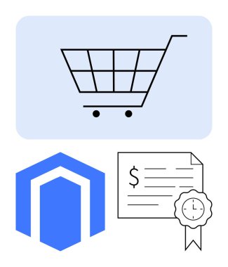 Siyah çizgileri ve iki tekerleği olan alışveriş arabası ikonu, mavi çizgili altıgen şekilli, mühürlü ve kurdeleli resmi belge. Çevrimiçi alışveriş, güvenli ödeme, e-ticaret, işlemler için ideal