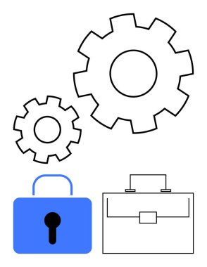 Birbirine kenetlenmiş vitesler, mavi bir kilit ve takım çalışmasını, güvenliği ve profesyonel aletleri simgeleyen bir evrak çantası. İş planlaması, siber güvenlik, verimlilik, yenilik organizasyonu güvenliği için ideal