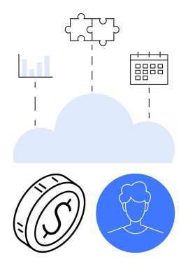 Bulut analitik şemayı, takvimi, parayı, bulmaca parçalarını, kullanıcı profilini birbirine bağlar. Finans, analitik, zamanlama, takım çalışması planlaması için ideal soyut çizgi düz metaforu