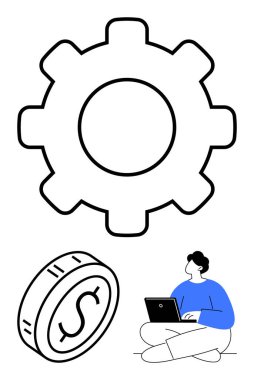 Ana hatlı vites mekanizması, bozuk para, dizüstü bilgisayarı olan mavi gömlekli biri. Teknoloji, finans, üretkenlik, yenilik, uzaktan çalışma, verimlilik soyut çizgisi için ideal