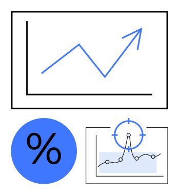 Çizgi grafiği yukarı doğru yükseliyor, veri tablosunda yüzde simgesi ve hedef. Ticari büyüme, mali analiz, pazarlama stratejileri, performans izleme, hedef belirleme, eğilim analizi için ideal