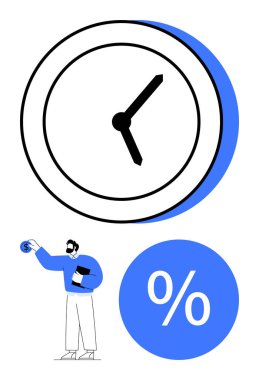 Elleri olan büyük bir saat, para ve defter tutan kişi, yüzde işareti. Finans, zaman yönetimi, üretkenlik, yatırım, tasarruf, iş verimliliği faiz oranları için ideal