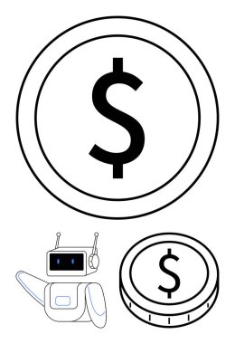Robot, büyük paraların sembolü olan küçük üç boyutlu madeni parayı işaret ediyor. Teknoloji, yapay zeka, fintech, kripto, robot bilimi, yenilik ve finans için ideal. Soyut çizgi düz metafor