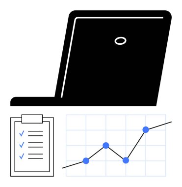 Açık ekranlı dizüstü bilgisayar, mavi işaretli kontrol listesi ve yukarı doğru veri eğilimlerini gösteren bir grafik. Üretkenlik, veri analizi, görev yönetimi, başarı planlama, iş akışı, verimlilik için ideal