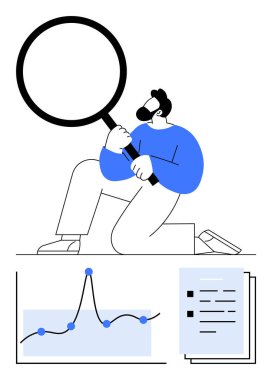 Elinde büyüteç tutan adam grafik ve belgelerin yanında diz çöker. Araştırma, veri analizi, odaklanma, araştırma, keşif, hassasiyet ve büyüme için ideal. Satır metaforu